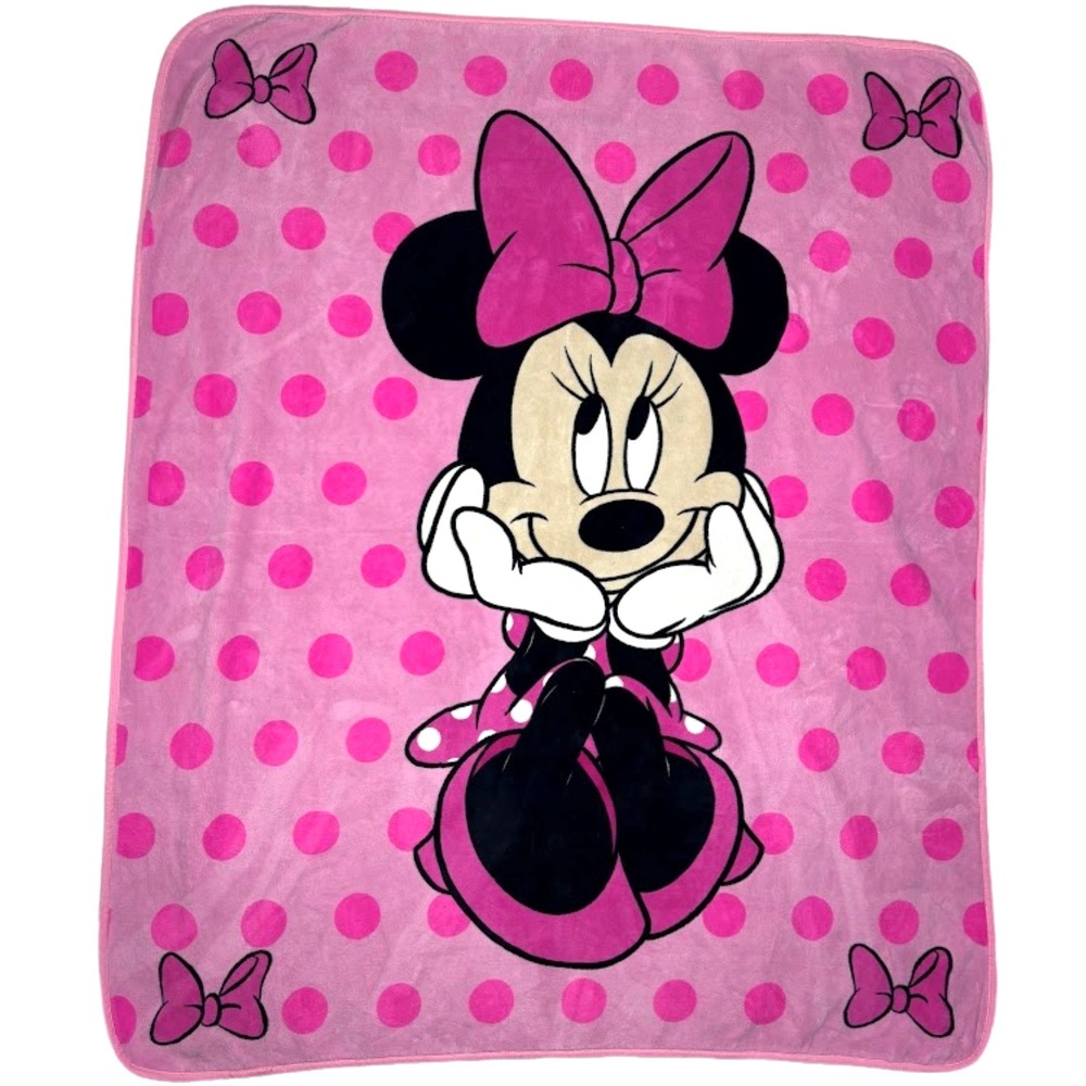 Minnie Mouse Disney Pink Polka‎ Dot Fleece Blanket 50x60 Girls Bow Thick htf EUC